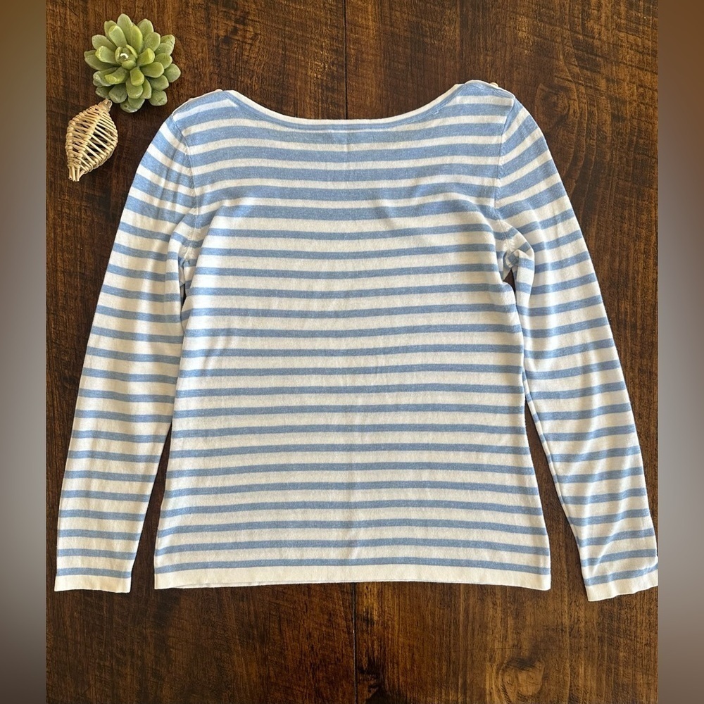 J. McLaughlin | Blue & White Striped Boatneck Lightweight Sweater - Picture 2 of 8